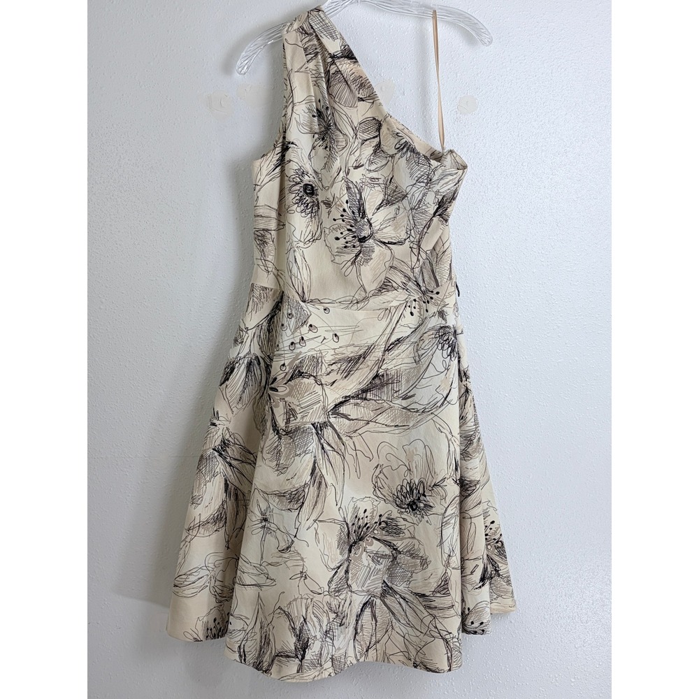 St. John One Shoulder Dress Cream Floral Silk Blend Pockets 12